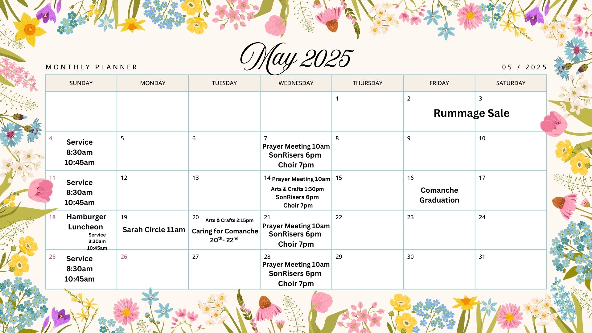 Colorful Illustrated Floral May 2025 Monthly Planner Calendar