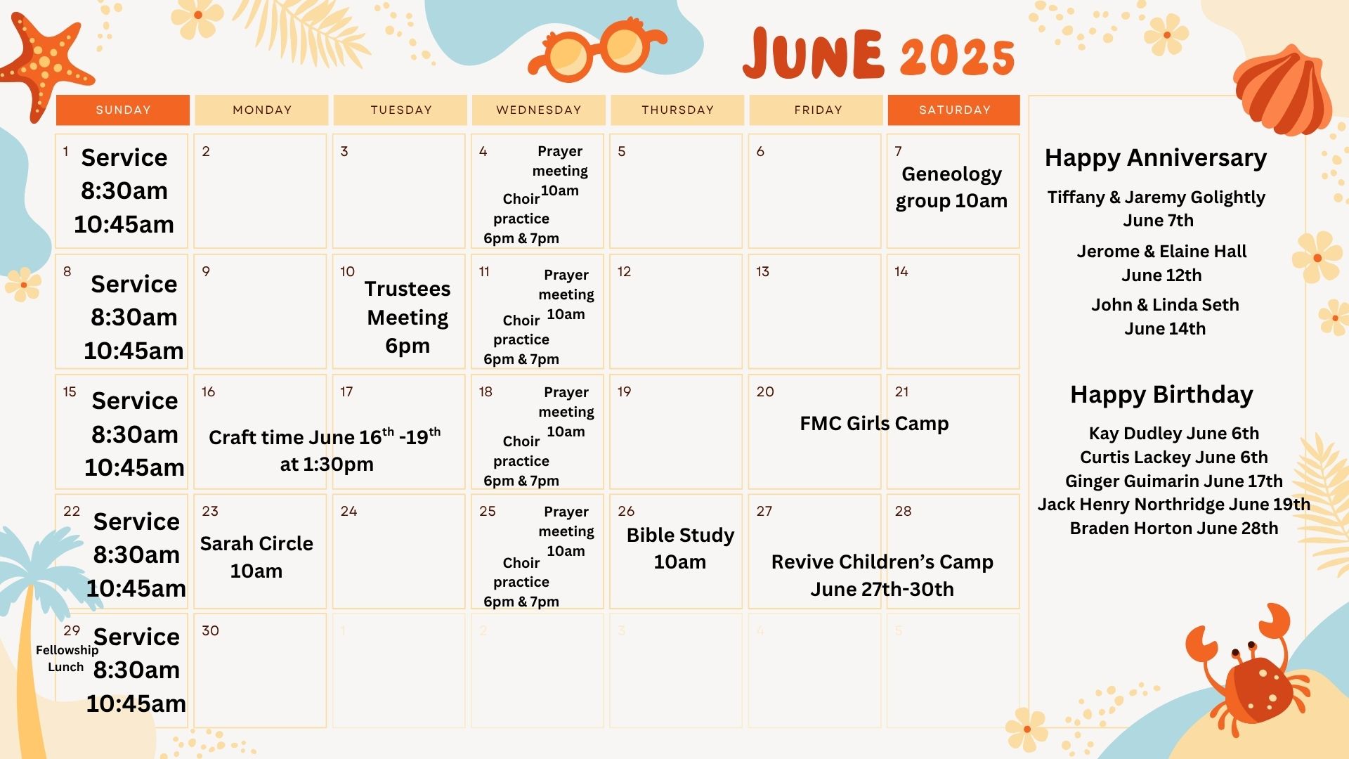 Orange Yellow Blue Simple Illustrated Summer Tropical Beach June 2025 Monthly Calendar (1)